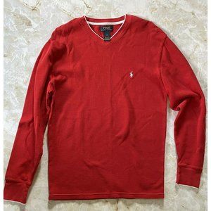 Polo Ralph Lauren Shirt L Red Waffle Thermal White Pony Long Sleeve Mens V Neck